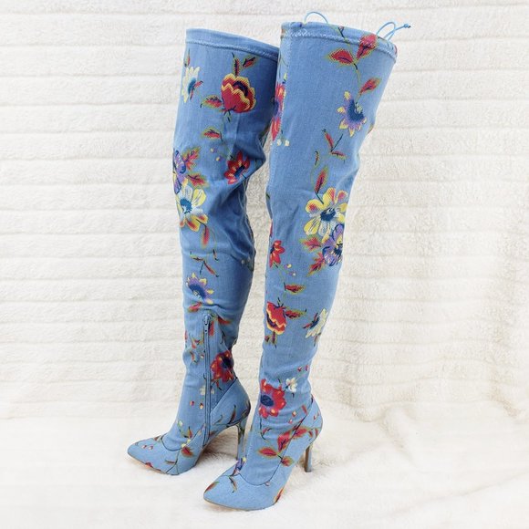 Stretch Floral Print Denim Draw String Top high heel thigh boots - Picture 3 of 11